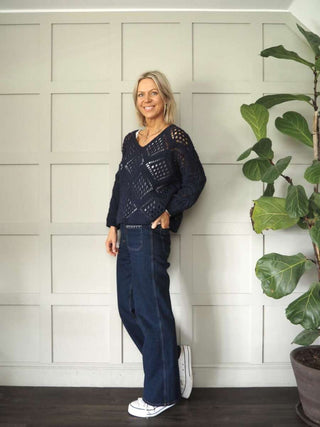 Loubee V-Neck, 3/4 Sleeve, Diamond Knit Jumper - Khaki