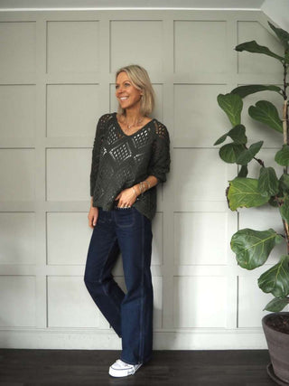 Loubee V-Neck, 3/4 Sleeve, Diamond Knit Jumper - Khaki