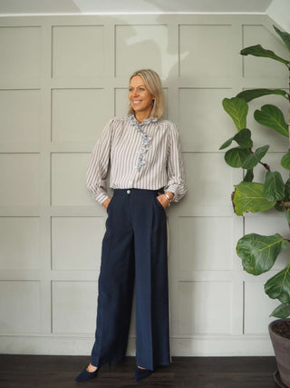 Alya Striped Blouse with Frill Detail - Ecru