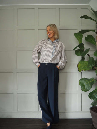 Alya Striped Blouse with Frill Detail - Ecru