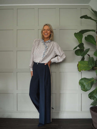 Alya Striped Blouse with Frill Detail - Ecru