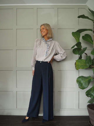 Alya Striped Blouse with Frill Detail - Ecru