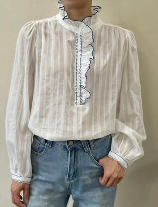 Felicity Blouse with High Ruffle Collar and Blue Embroidery Detail  - Off White