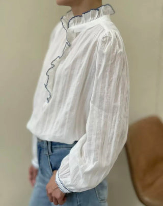 Felicity Blouse with High Ruffle Collar and Blue Embroidery Detail  - Off White