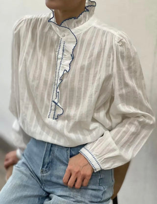 Felicity Blouse with High Ruffle Collar and Blue Embroidery Detail  - Off White