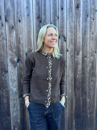Oxford Cardigan with Leopard Print Details - Chocolate, Oatmeal