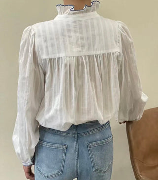 Felicity Blouse with High Ruffle Collar and Blue Embroidery Detail  - Off White