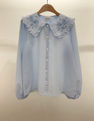 Karrie Gingham Blouse with Embroidered Peter Pan Collar - Blue/White
