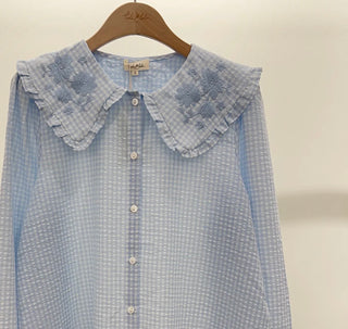Karrie Gingham Blouse with Embroidered Peter Pan Collar - Blue/White