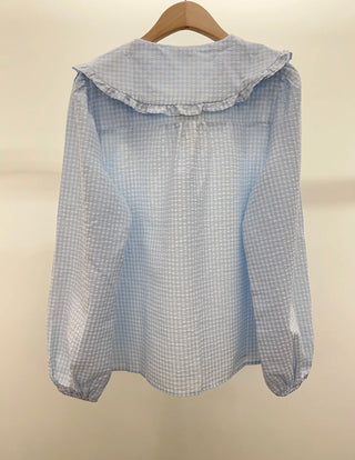 Karrie Gingham Blouse with Embroidered Peter Pan Collar - Blue/White