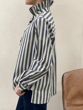 Dixie Stripe Blouse with Pleated Collar - Blue
