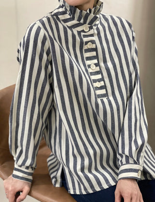 Dixie Stripe Blouse with Pleated Collar - Blue
