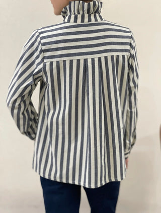 Dixie Stripe Blouse with Pleated Collar - Blue