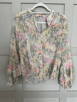 Ballet Blouse with Floral Pattern - Cobalt Blue, Coral, Green, Navy Blue