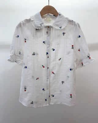 Fowey Short Sleeve Blouse with Embroidered Flowers and Peter Pan Collar  - Off White
