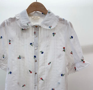 Fowey Short Sleeve Blouse with Embroidered Flowers and Peter Pan Collar  - Off White
