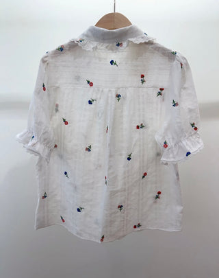 Fowey Short Sleeve Blouse with Embroidered Flowers and Peter Pan Collar  - Off White