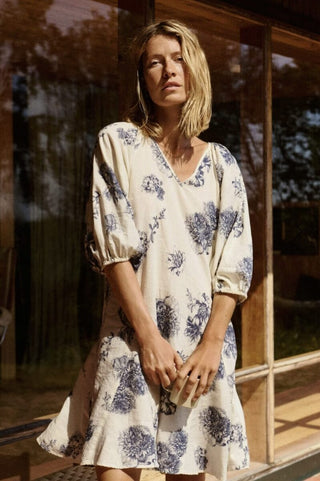 Ruthy Linen Mix Sun Dress by Part Two - Ecru with Blue Floral Pattern
