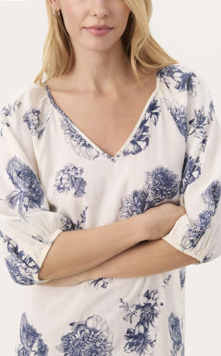 Ruthy Linen Mix Sun Dress by Part Two - Ecru with Blue Floral Pattern