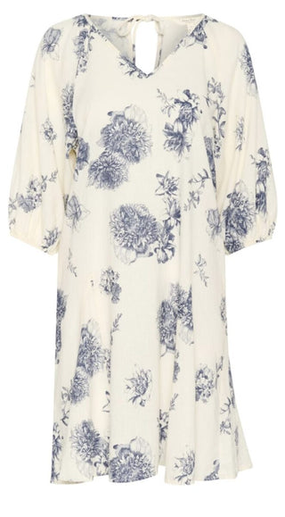 Ruthy Linen Mix Sun Dress by Part Two - Ecru with Blue Floral Pattern