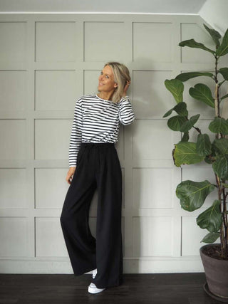 Dani Wide Leg, High Waisted Trousers - Black, Off White