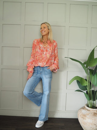 Ballet Blouse with Floral Pattern - Cobalt Blue, Coral, Green, Navy Blue