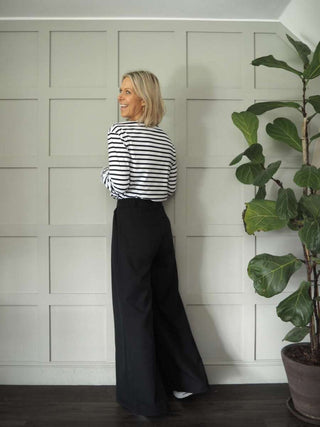 Dani Wide Leg, High Waisted Trousers - Black, Off White