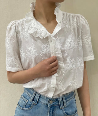 Francesca Short Sleeve Embroidered Blouse with Ruffle Details  - Off White