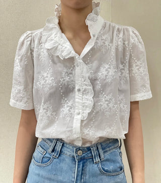 Francesca Short Sleeve Embroidered Blouse with Ruffle Details  - Off White