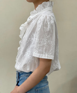Francesca Short Sleeve Embroidered Blouse with Ruffle Details  - Off White