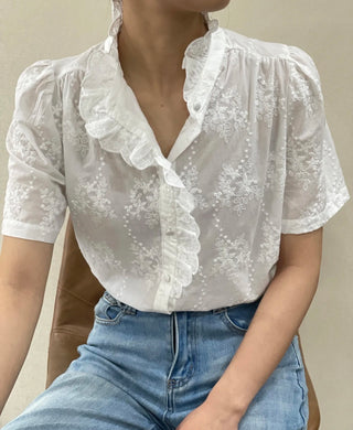 Francesca Short Sleeve Embroidered Blouse with Ruffle Details  - Off White