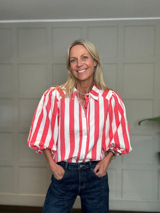Beaufort Stripe Denim Shirt with Cropped Balloon Sleeves - Coral, Yellow