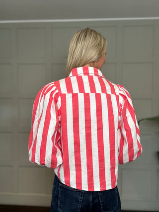 Beaufort Stripe Denim Shirt with Cropped Balloon Sleeves - Coral, Yellow