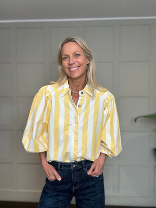 Beaufort Stripe Denim Shirt with Cropped Balloon Sleeves - Coral, Yellow