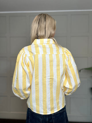 Beaufort Stripe Denim Shirt with Cropped Balloon Sleeves - Coral, Yellow