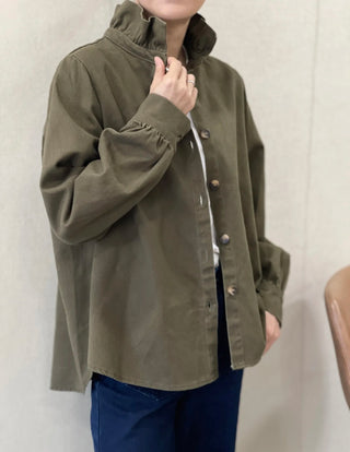 Gunthorpe Heavy Cotton Shirt Shacket with Pleated Collar - Chocolate, Ecru, Khaki, Navy,