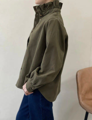 Gunthorpe Heavy Cotton Shirt Shacket with Pleated Collar - Chocolate, Ecru, Khaki, Navy,