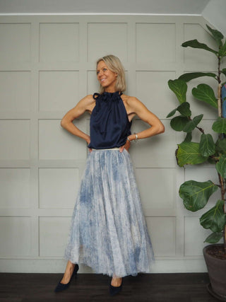 Romaine Satin Ribbon Tie Top - Black, Navy Blue, Pale Pink