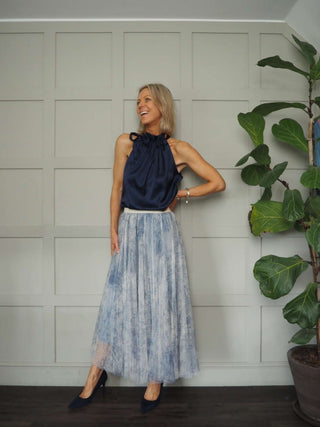 Romaine Satin Ribbon Tie Top - Black, Navy Blue, Pale Pink