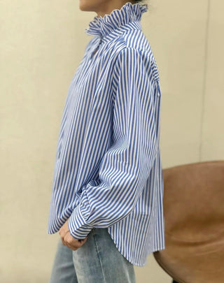 Firle Stripe Blouse with High Scalloped Collar - Blue