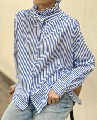 Firle Stripe Blouse with High Scalloped Collar - Blue