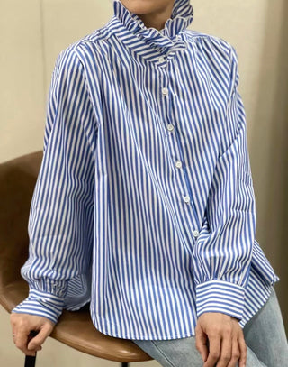 Firle Stripe Blouse with High Scalloped Collar - Blue