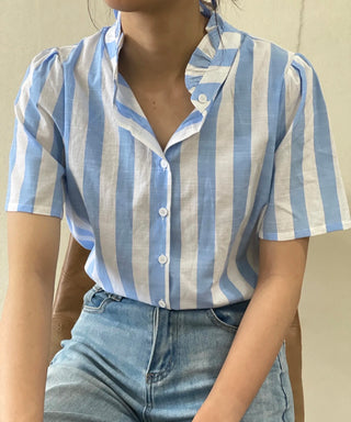 Saint Stripe Short Sleeve Blouse with Ruffle Collar - Blue, Yellow