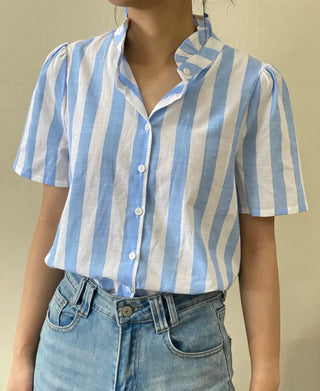 Saint Stripe Short Sleeve Blouse with Ruffle Collar - Blue, Yellow