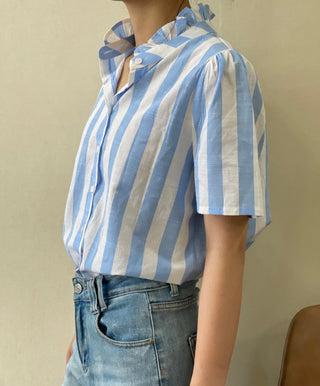 Saint Stripe Short Sleeve Blouse with Ruffle Collar - Blue, Yellow