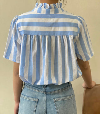 Saint Stripe Short Sleeve Blouse with Ruffle Collar - Blue, Yellow