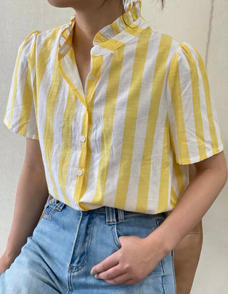 Saint Stripe Short Sleeve Blouse with Ruffle Collar - Blue, Yellow