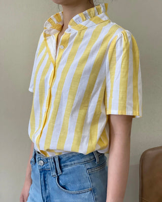 Saint Stripe Short Sleeve Blouse with Ruffle Collar - Blue, Yellow