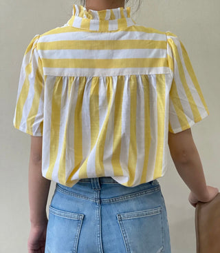Saint Stripe Short Sleeve Blouse with Ruffle Collar - Blue, Yellow