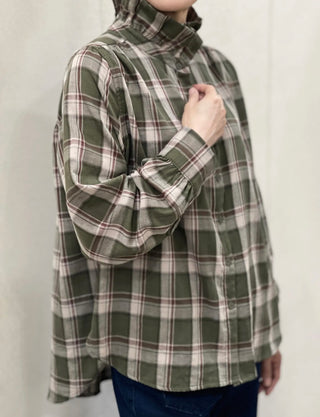 Forest Reversible Check Blouse with Pleated Collar - Khaki